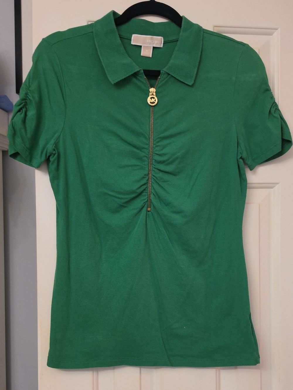 Michael Kors Green Polo Zip-Front Short Sleeve Top